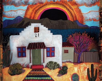 Southwestern Adobe Wall Art, Desert Landscape Painting, Vibrant Sunset Canvas Decor