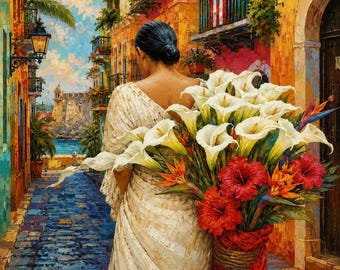 Puerto Rico San Juan Vieques Calla Lilies Calla Lily Vendor, Tropical Caribbean Woman Painting