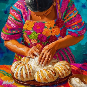 May include: A woman in a colorful floral dress is making bread. She is using her hands to shape the dough, which is white and fluffy. The bread is on a wooden table, and there is a bowl of flour in the background.