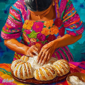 Traditional Bread Making Art Print - Colorful Mexican Baker Scene | Handcrafted Pan Dulce Art | Cultural Kitchen Decor Latin American Art