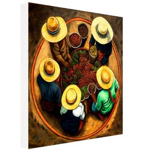 May include: A group of people wearing straw hats are gathered around a large bowl of coffee beans. The bowl is surrounded by smaller bowls filled with coffee beans. The people are all wearing traditional clothing and are smiling.