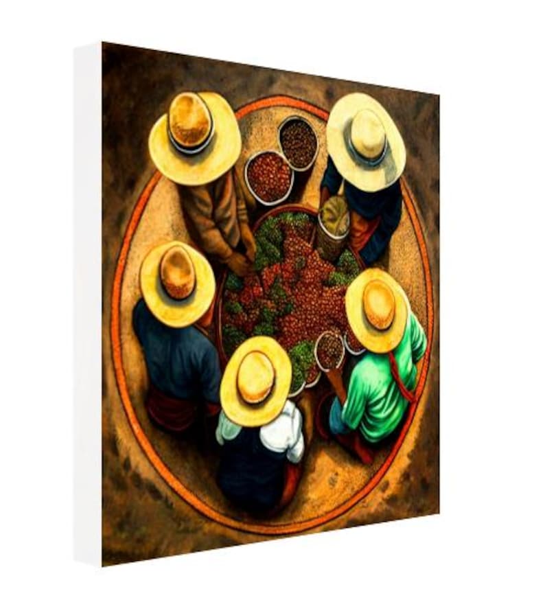May include: A group of people wearing straw hats are gathered around a large bowl of coffee beans. The bowl is surrounded by smaller bowls filled with coffee beans. The people are all wearing traditional clothing and are smiling.