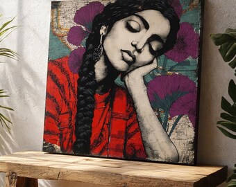 Latina Woman Canvas Art Print, Dreaming Portrait, Large Folk Style Wall Art