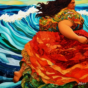 Lava Meets Sea Pele and Namaka Art Print &quot;Hawaiian Sisters&quot; Volcano and Sea Hawaiian Painting, 18 X 18 Print
