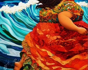 May include: A woman with long dark hair wearing a colorful patterned dress runs through a large blue wave. The dress is red, orange, yellow, and green with intricate patterns. The wave is a vibrant blue with white foam.