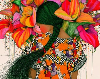 Mexican Folk Art Woman Portrait, Calla Lily Floral Print, Maximalist Wall Decor
