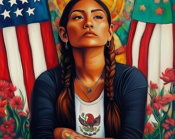 Latinx Identity Art Print: Chicana Aztec Woman, Flag Remix