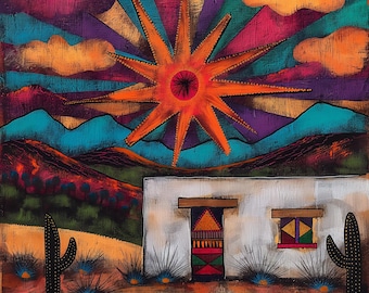 Vibrant Southwest Desert Art Print, Colorful Adobe Landscape Painting, Modern Southwestern Home Decor
