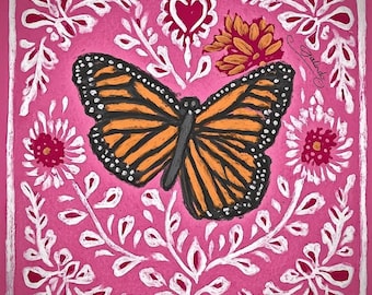 Monarch Butterfly Mexican Folk Art Print, Vibrant Pink Talavera Painting, Nature Inspired Decor