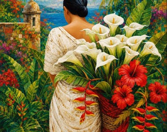 Puerto Rico San Juan Vieques Calla Lilies Calla Lily Vendor, Tropical Caribbean Woman Painting