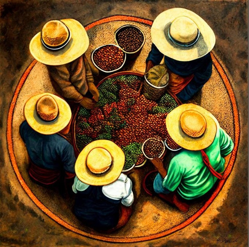 May include: A group of people wearing straw hats are gathered around a large bowl of coffee beans. The beans are a mix of green and brown, and the people are sorting through them. The bowl is surrounded by smaller bowls of coffee beans, and the people are working together to sort the beans.
