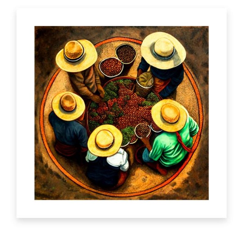 May include: A painting of six people wearing straw hats, sitting in a circle around a pile of coffee beans. The people are wearing colorful clothing and are holding baskets of coffee beans.