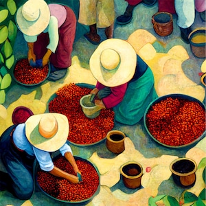 Cosecha de café 18" x 18" Cosecha de café / Impresión de calidad del museo / Arte mural latinoamericano / Tienda propiedad de latinas / Arte más vendido