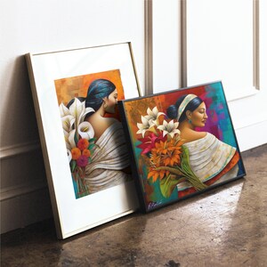 May include: Two framed paintings of women with flowers. The woman in the left painting is wearing a white shawl and has dark hair. The woman in the right painting is wearing a white shawl and has dark hair with a turquoise headband. Both paintings feature a bouquet of white and orange flowers.