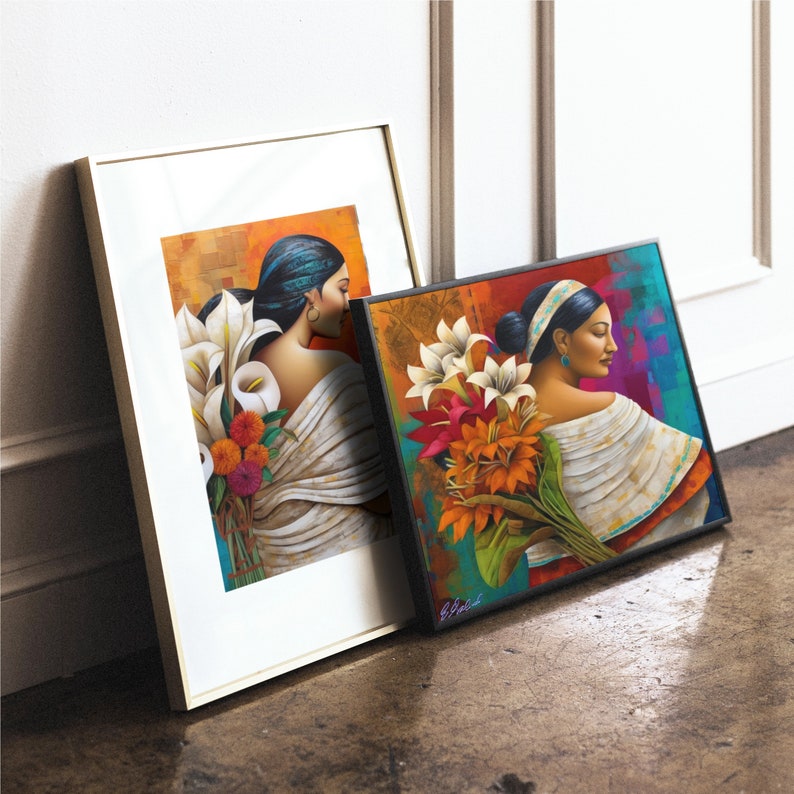 May include: Two framed paintings of women with flowers. The woman in the left painting is wearing a white shawl and has dark hair. The woman in the right painting is wearing a white shawl and has dark hair with a turquoise headband. Both paintings feature a bouquet of white and orange flowers.