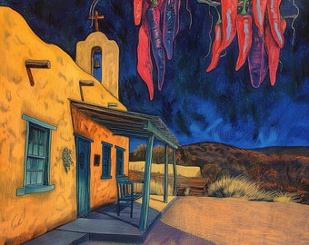 Santa Fe Adobe House Print: Południowo-zachodnia sztuka pastelowa (16x16)