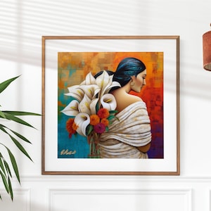 May include: A painting of a woman with long dark hair wearing a white shawl and holding a bouquet of white calla lilies and orange flowers. The background is a colorful abstract design.