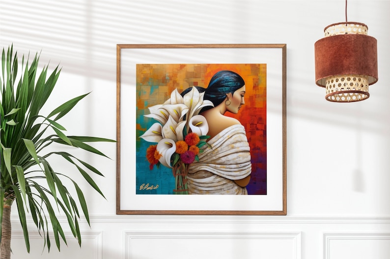 May include: A painting of a woman with long dark hair wearing a white shawl and holding a bouquet of white calla lilies and orange flowers. The background is a colorful abstract design.