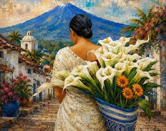 El Salvador Woman with Calla Lilies Oil Painting Print Canvas Art