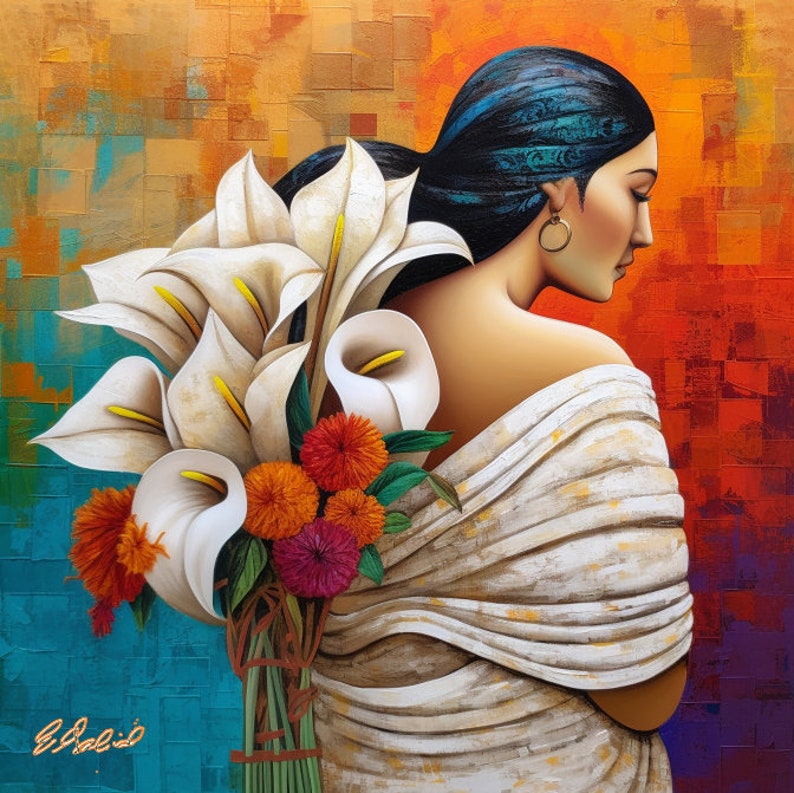 May include: A woman with long dark hair and a white shawl stands against a colorful background. She is holding a bouquet of white calla lilies and colorful flowers.
