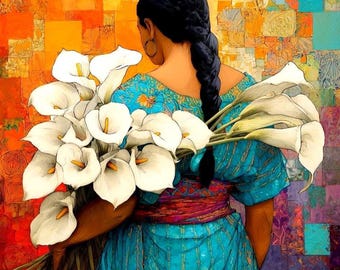 Frida Kahlo Inspired Floral Art Print: Mexican Folk Art Woman with Calla Lilies