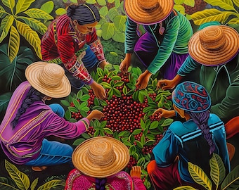 Community Kaffeeerntedruck von Originalkunstwerk der salvanischen Künstlerin Evelyn Galindo (ungerahmte, signierte Wandkunst) Kostenloser Versand