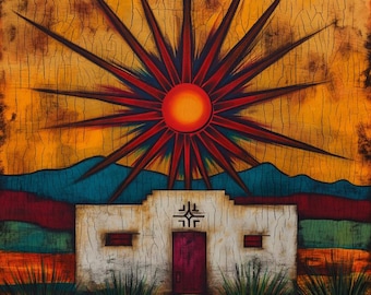 Southwestern Adobe Canvas Art, Desert Sun Wall Decor, Modern Southwest Landscape Painting