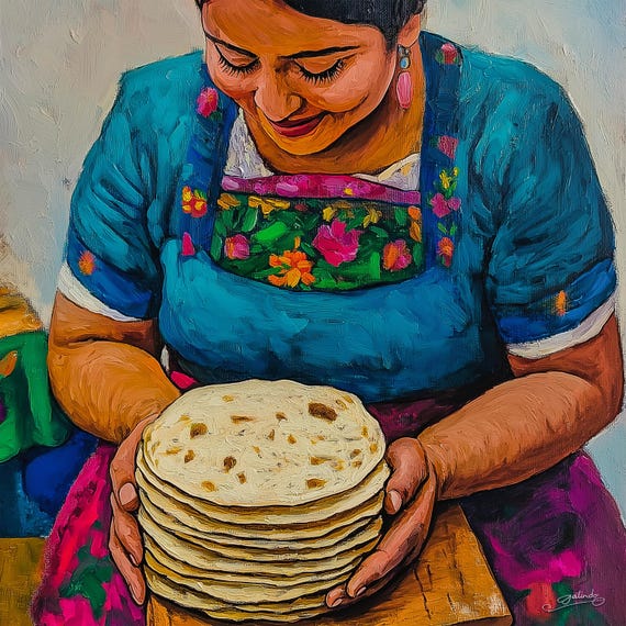 Pupusa Art Print and Canvas: Salvadoran Kitchen Scene, Diego Rivera Style