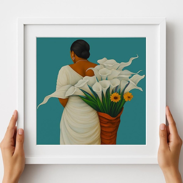 Peruvian Turquoise Teal Calla Lily Vendor Art Print: El Salvador, Mexican Folk Art, Peru