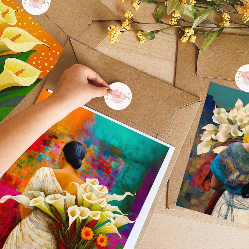 May include: A colorful abstract painting featuring a woman holding a bouquet of white calla lilies. The painting has a vibrant blue, green, orange, and yellow color scheme. The woman is wearing a white dress and has dark hair. The painting is framed and ready to hang.
