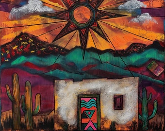 Santa Fe Desert Print, New Mexico Southwest Zia Sunset Symbol Sun Bestselling Square Print Oil Pastel Painting Art