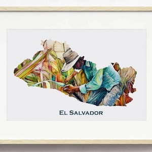 Caña / Beautiful El Salvador Map Print on Fine Art Matte Paper - Sugarcane Cutters Watercolor Unframed Ships Fast & Free