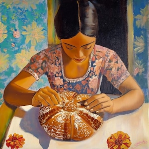 Mexican Woman with Pan de Muerto - Vibrant Cultural Art Print - Día de los Muertos Decor Day of the Dead Premium Print Latinx Artist Signed
