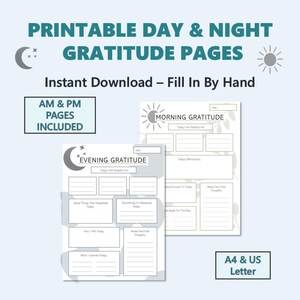 Op de afbeelding: Afdrukbare dag- en nacht dankbaarheidspagina's met de tekst "Direct downloaden - Met de hand invullen". De pagina's bevatten ochtend- en avonddankbaarheidssjablonen met secties voor dagelijkse reflecties.