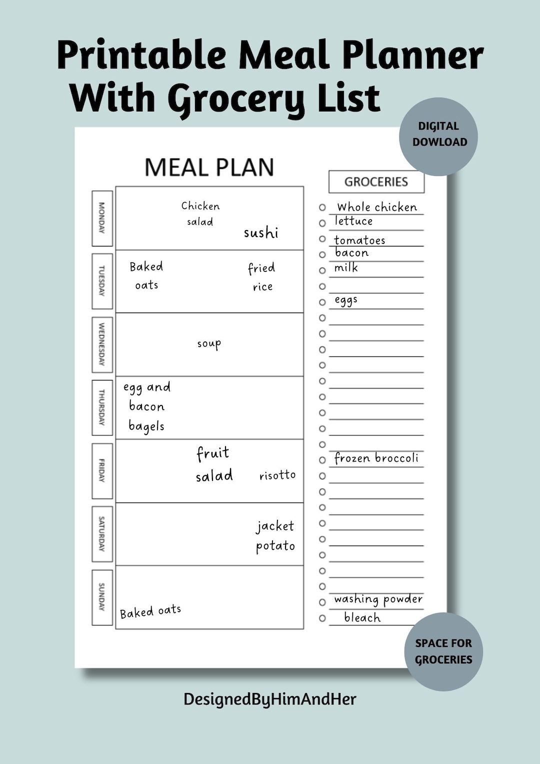 Printable Weekly Meal Planner With Grocery List (digital Download) - Etsy