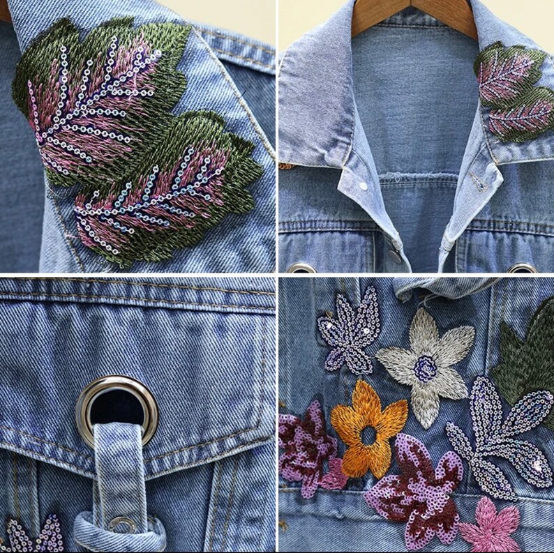 Women Jeans Jacket Feminine Spring Autumn Sequin Floral Etsy