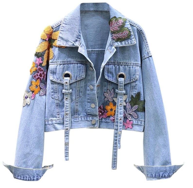 Women Jeans Jacket Feminine Spring Autumn Sequin Floral Etsy