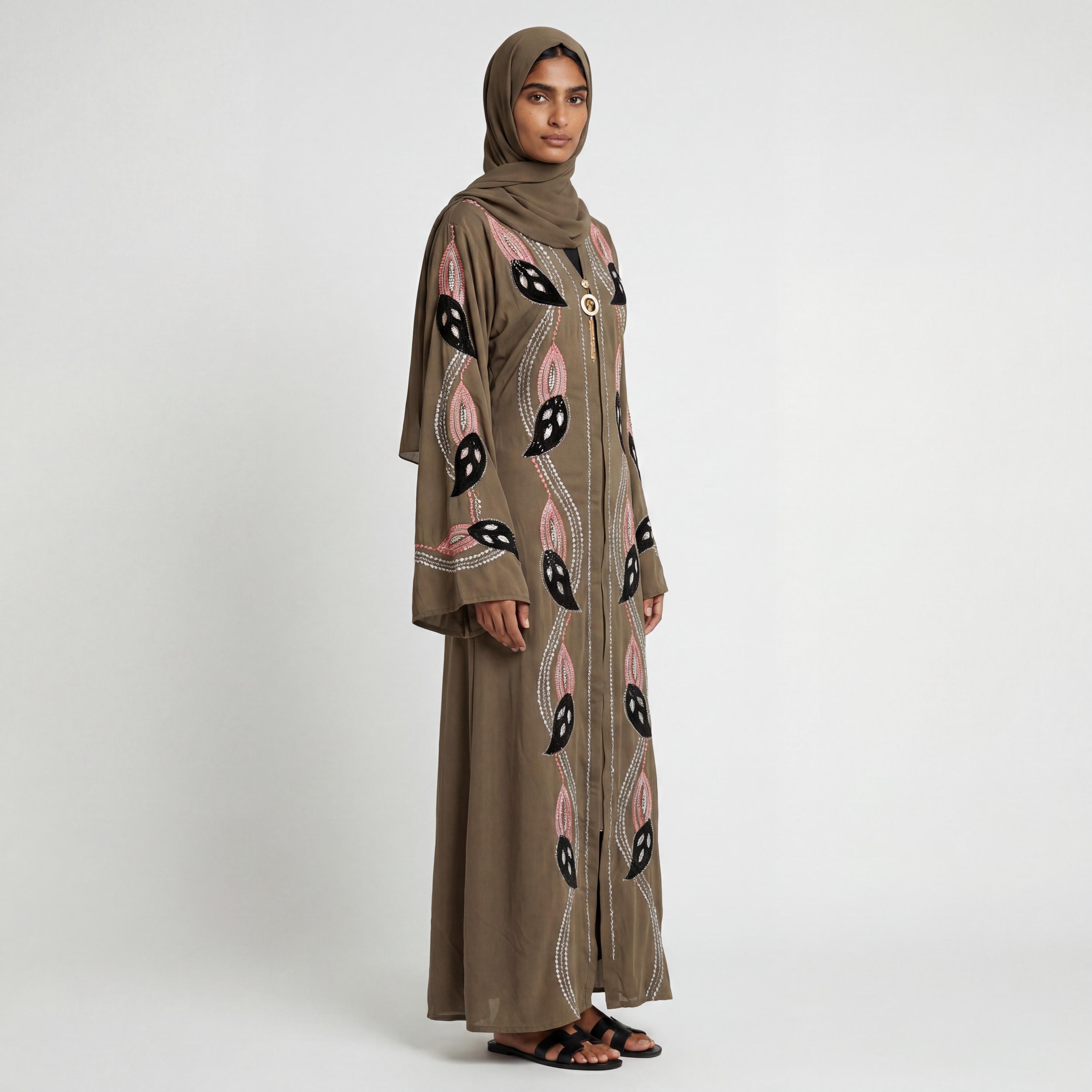 knee length dresses for ladies Dark Red Long Sleeve Gown Dresses Embellished Neckline Muslim Caftan D –  Sultan Dress main image 0