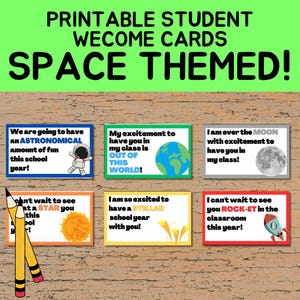 Cartes pour la rentrée scolaire sur le thème de l'espace | Cartes de bienvenue imprimables pour étudiants