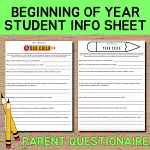 Beginning of the Year Student Information Sheet | Printable Parent Questionnaire