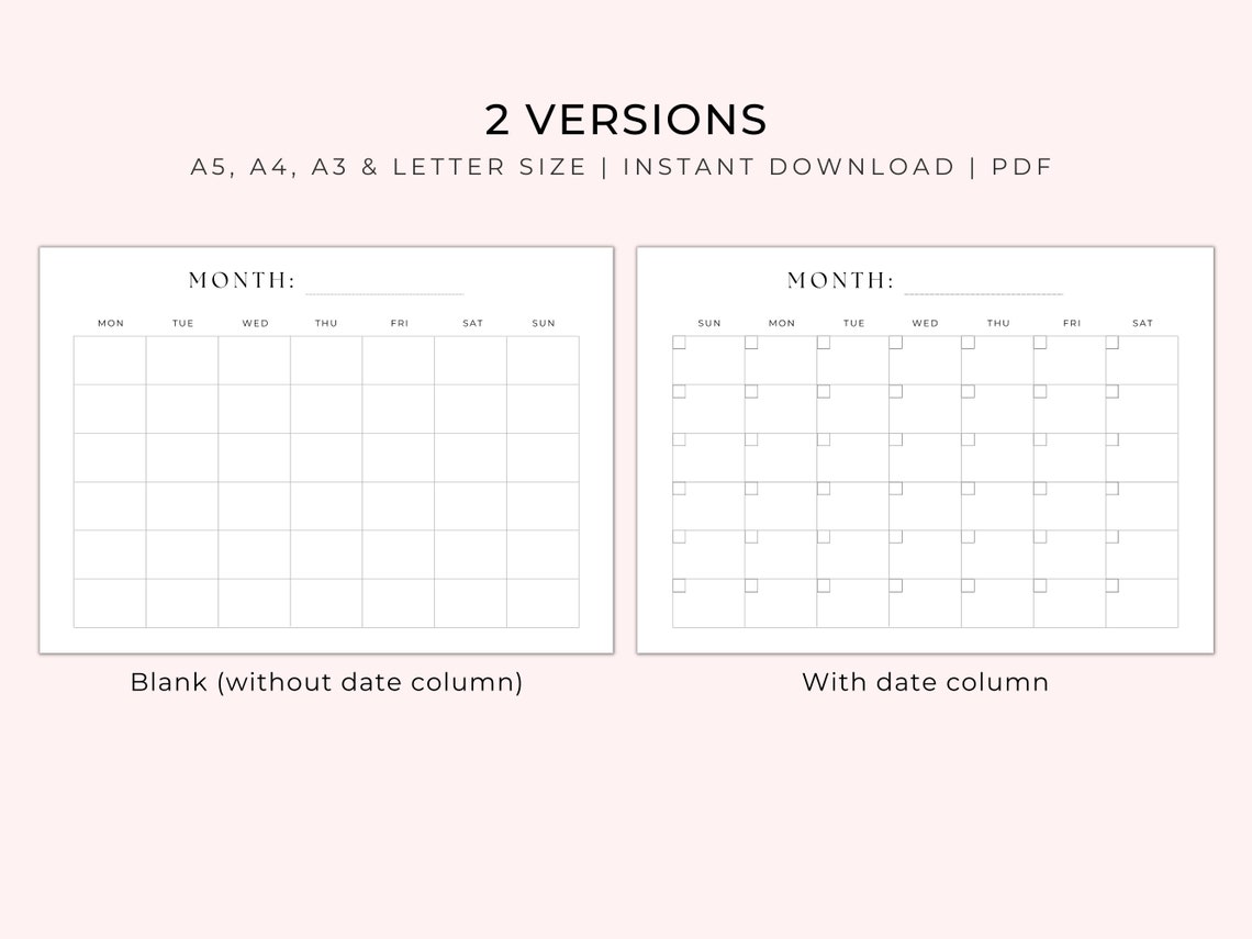 Blank Monthly Calendar Printable, Blank Calendar Page, Calendar ...