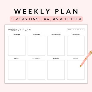Weekly Planner Printable, Weekly Schedule, Weekly To Do List, Week at a Glance, Weekly Calendar, Minimalist Weekly Planner PDF, A5/A4/Letter
