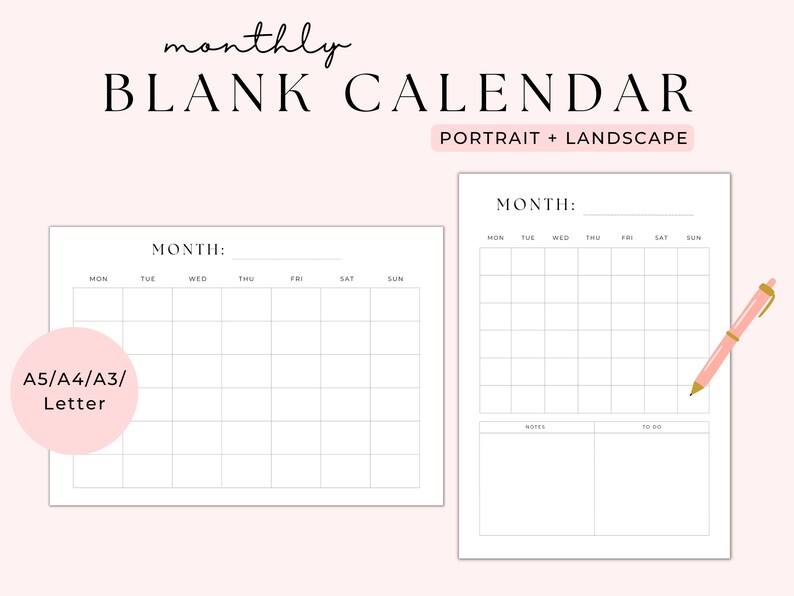Blank Calendar, Monthly Blank Calendar Printable, Minimalist Calendar ...