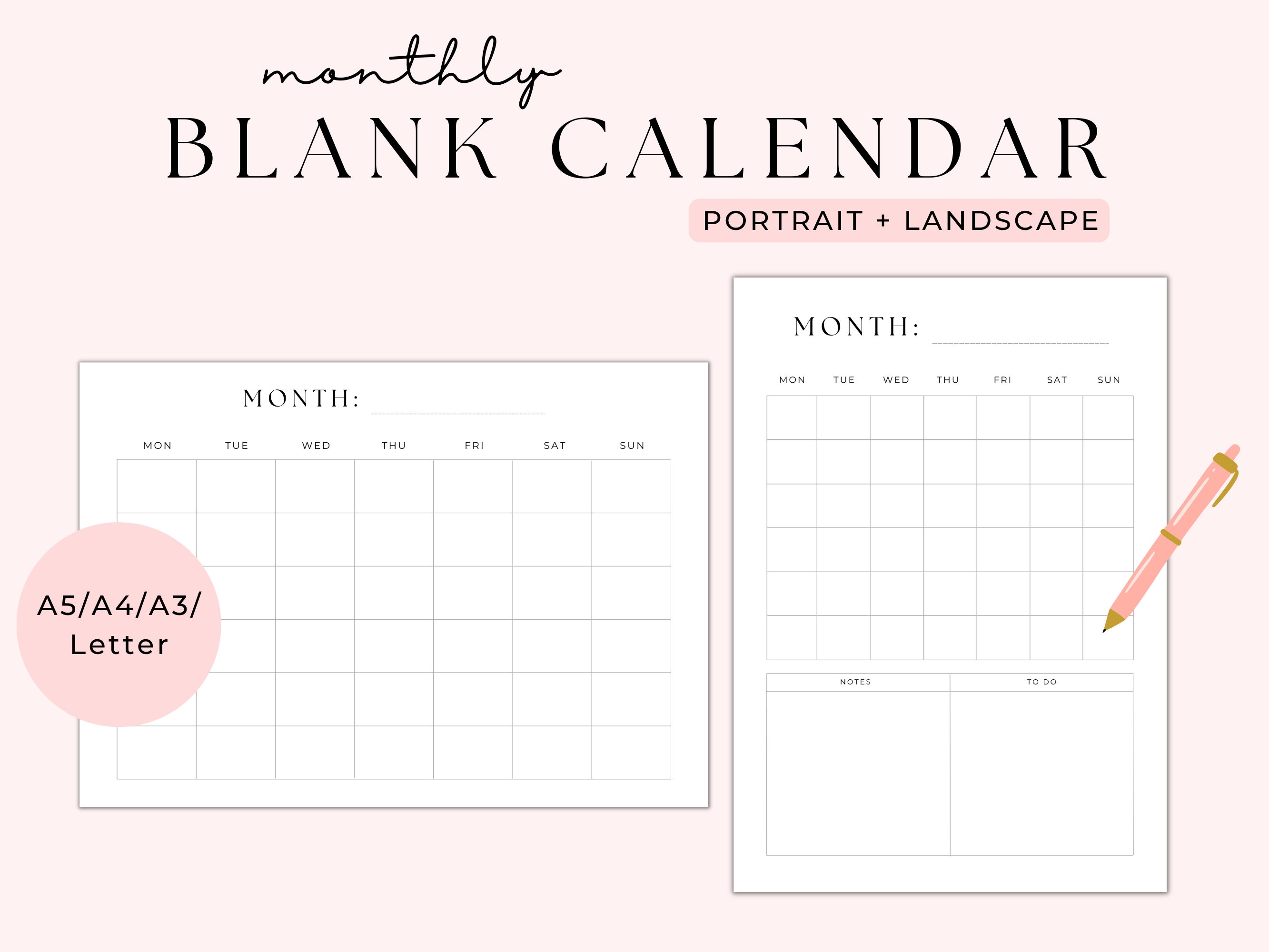 Blank Calendar, Monthly Blank Calendar Printable, Minimalist Calendar ...