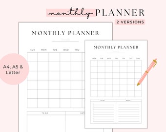 Monthly Planner Printable, Productivity Planner, Monthly Organizer, Month at a Glance, Blank Calendar Template, Sun/Mon Start, A4/A5/Letter