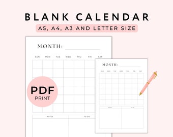 Monthly Blank Calendar Printable, Monthly Planner Printable, Printable Blank Calendar, Wall Calendar, Minimalist Calendar, A5/A4/A3/Letter