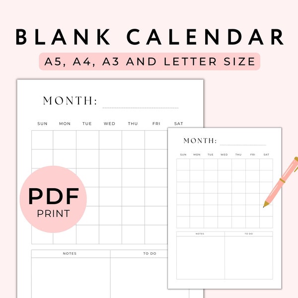 Monthly Blank Calendar Printable, Monthly Planner Printable, Printable Blank Calendar, Wall Calendar, Minimalist Calendar, A5/A4/A3/Letter