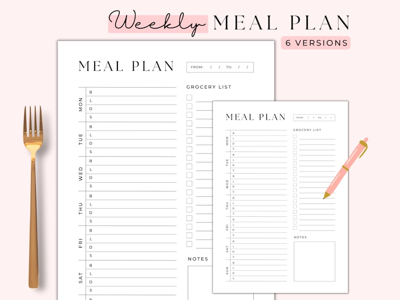 Weekly Meal Planner With Grocery List Printable Template, Menu Planning ...