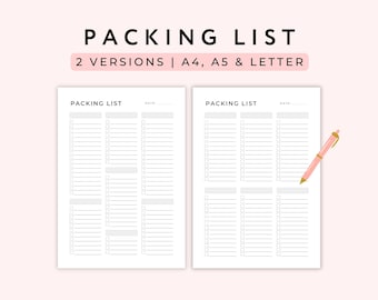 Blank Travel Packing List Printable: A4, A5, Letter (PDF)