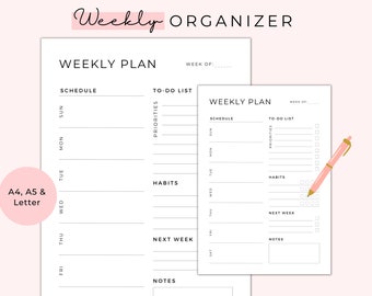 Weekly Planner Printable, Weekly Schedule, Weekly To Do List, Weekly Habit Tracker, Weekly Organizer, Minimalist Weekly Planner,A5/A4/Letter